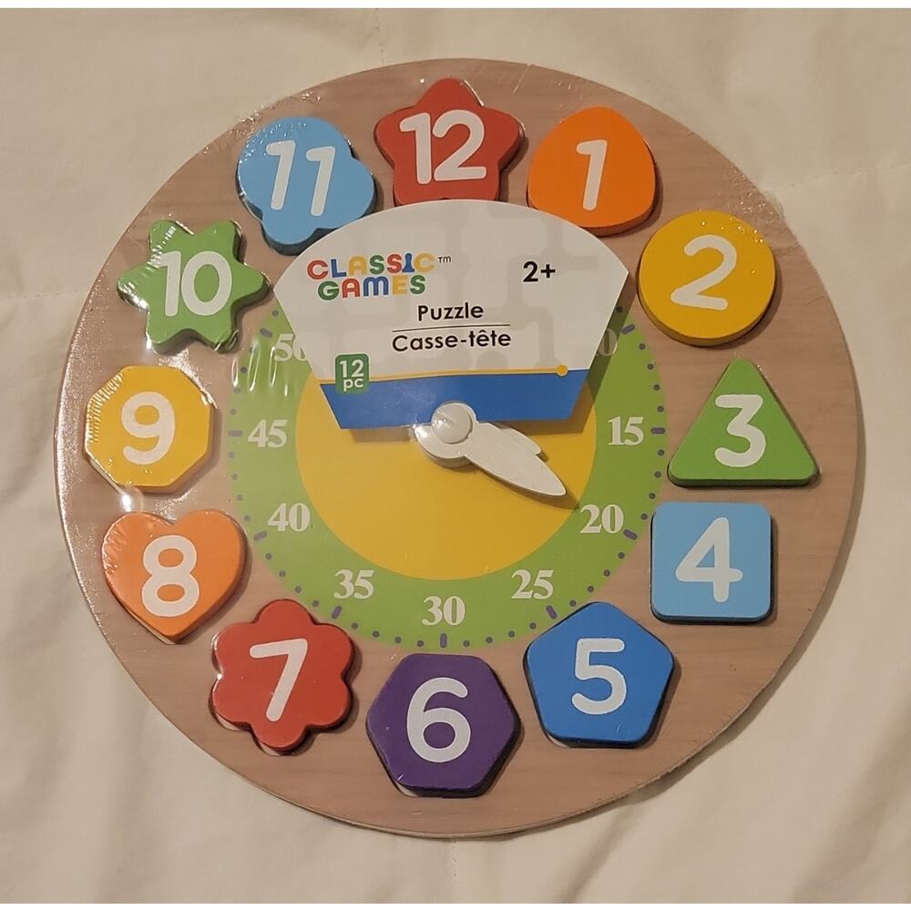 Classic Games Wooden Clock Time-Telling Puzzle, 12 Pc, Ages 2+